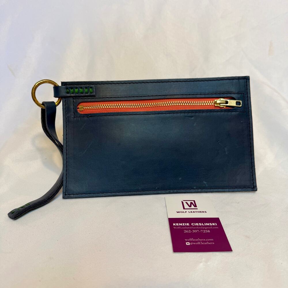 Wolf Leathers Handcrafted Navy Blue Full Grain Leather Wristlet Clutch Pouch